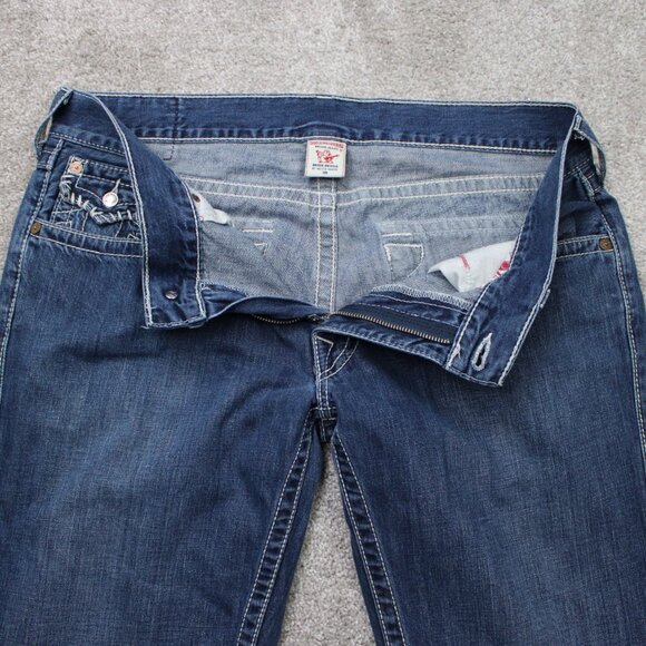 True Religion Boot cut Jeans Mens 38 Blue Bootcut Thick Stitch Denim 28" inseam - Picture 12 of 15